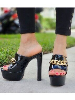 Black Patent Platform Heeled Mule Open Loafers for Women Gold Chain Slip On (7)